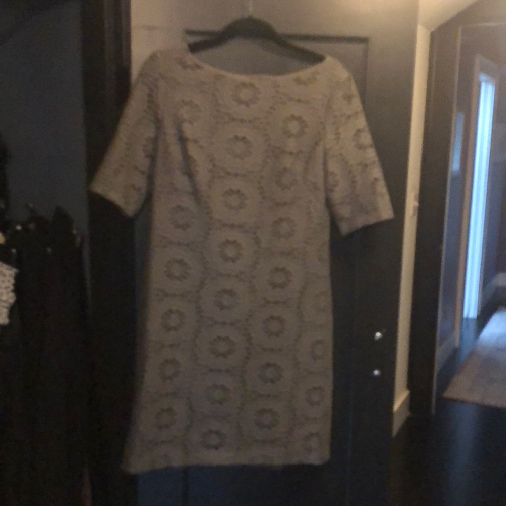 Lace boat neck dress. Above elbow.